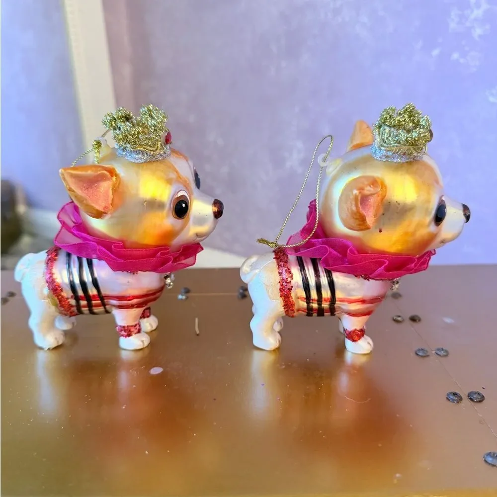 Hand Blown Chihuahua Dog Figurine with Crown and Pink Collar